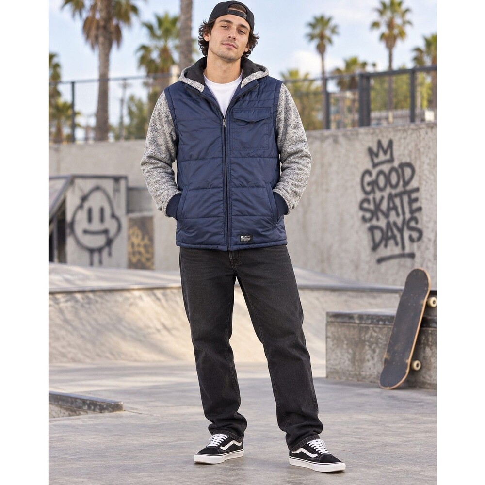 Skater Streetwear Hybrid Puffer Jacket Matix Men's L Navy Gray Hooded